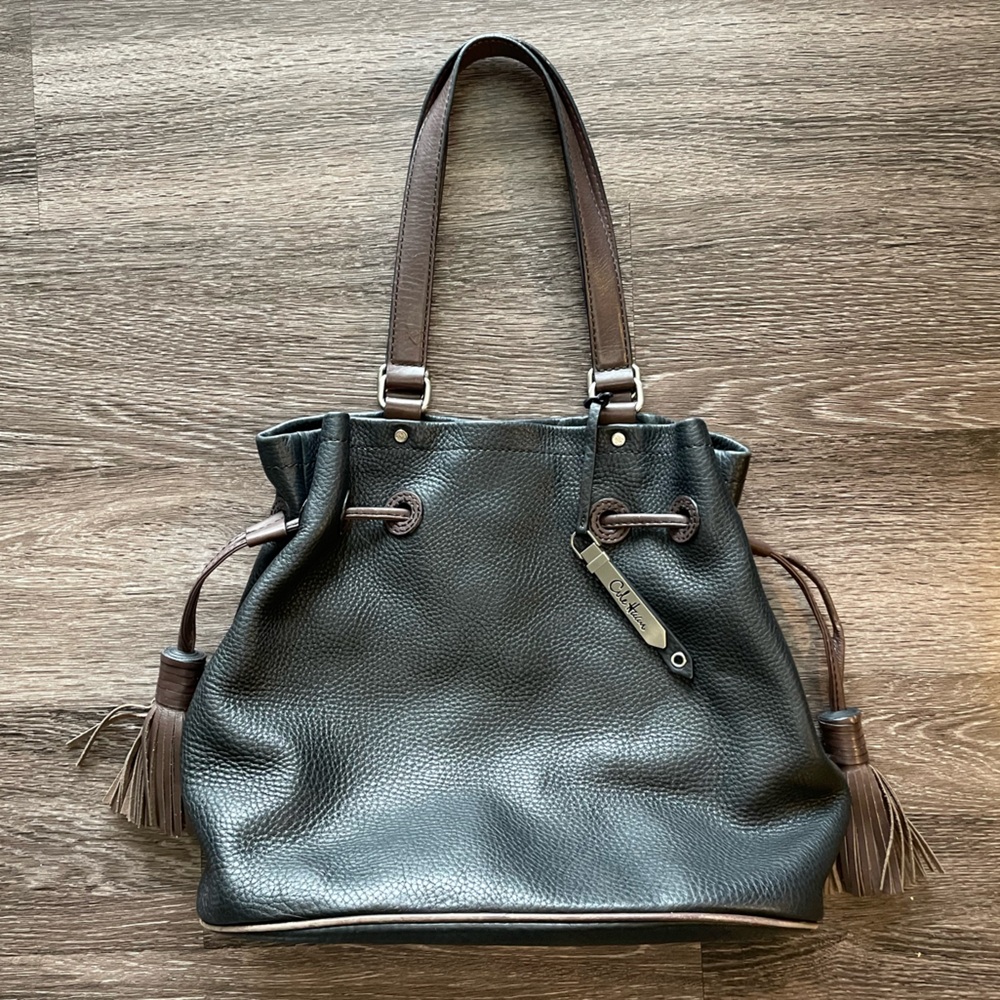 Cole Haan Black and Brown Leather Tassel Bucket Shoulder Bag